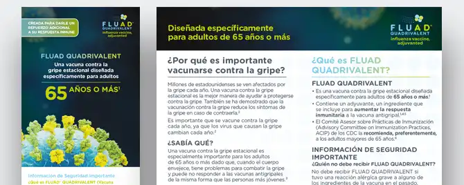 A Spanish language brochure explaining the importance of receiving an annual a seasonal influenza vaccine to your patients 65 years and older.