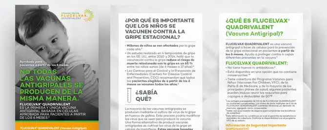 A Spanish-language brochure designed to educate caregivers of pediatric patients about vaccination with FLUCELVAX QUADRIVALENT (Influenza Vaccine).