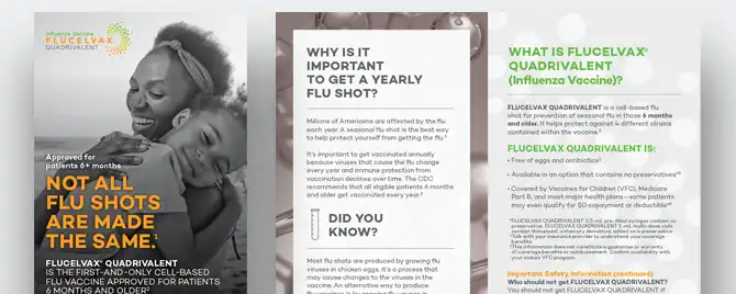 A brochure designed to educate patients about vaccination with FLUCELVAX QUADRIVALENT (Influenza Vaccine).